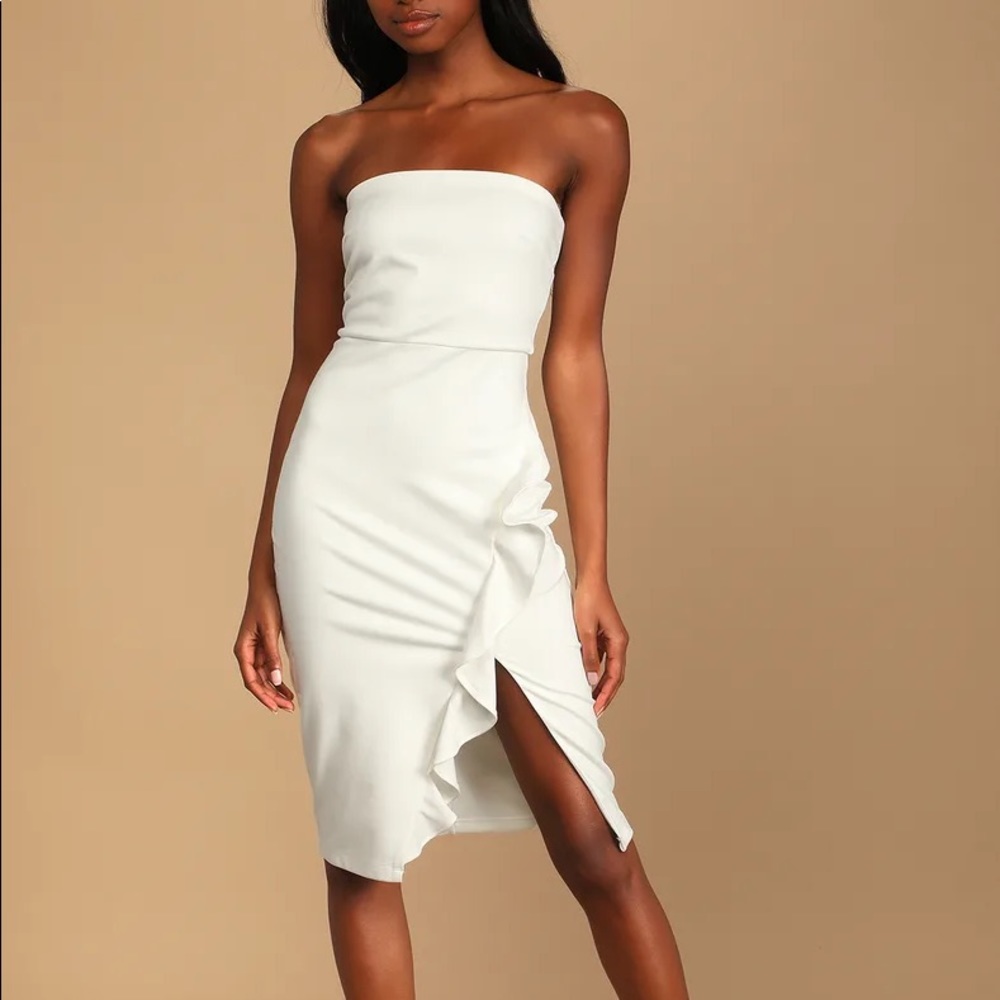 Lulu’s “Anika White Ruffled Strapless Bodycon Dress”